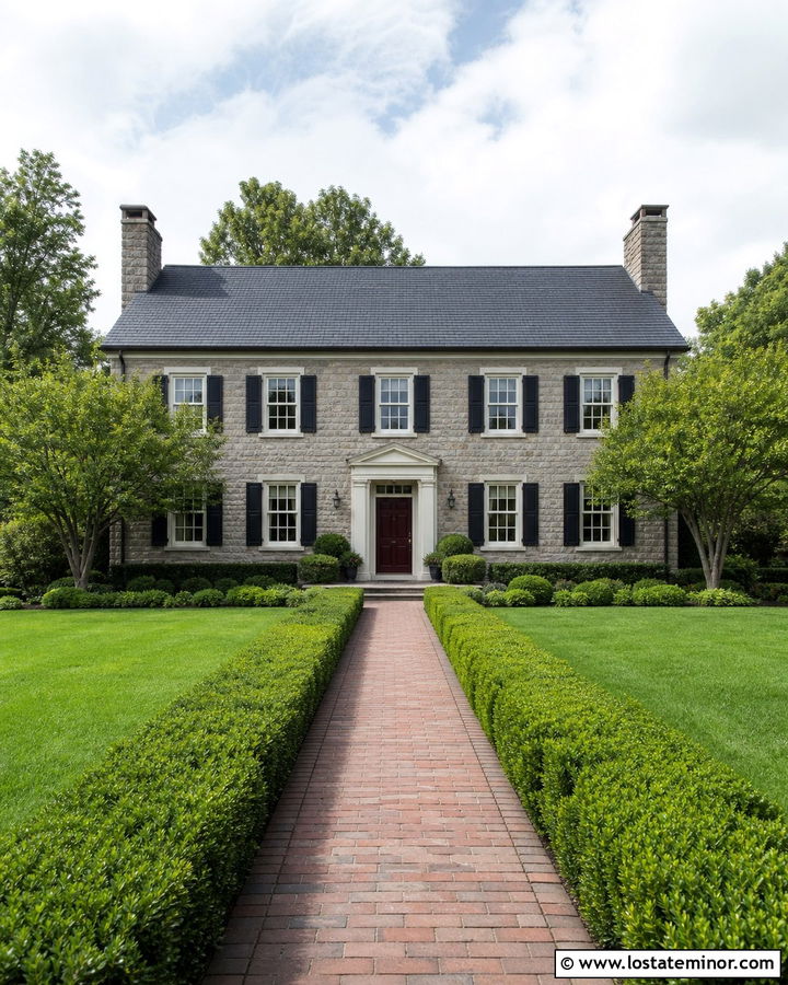 Colonial Stone House With Symmetrical Chimneys - 30 Stone House Design With Chimney Ideas