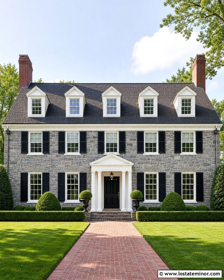 Colonial Stone House With Symmetrical Dormers - 30 Stone House Design With Dormers Ideas