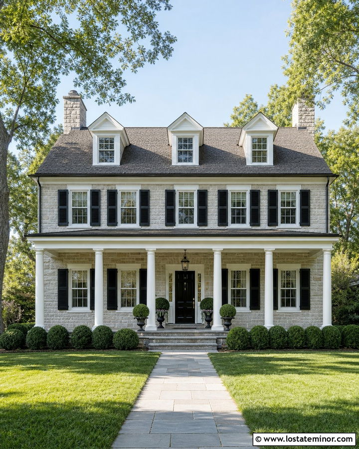 Colonial Stone House With Symmetrical Front Porch - 30 Stone House Design With Front Porch Ideas