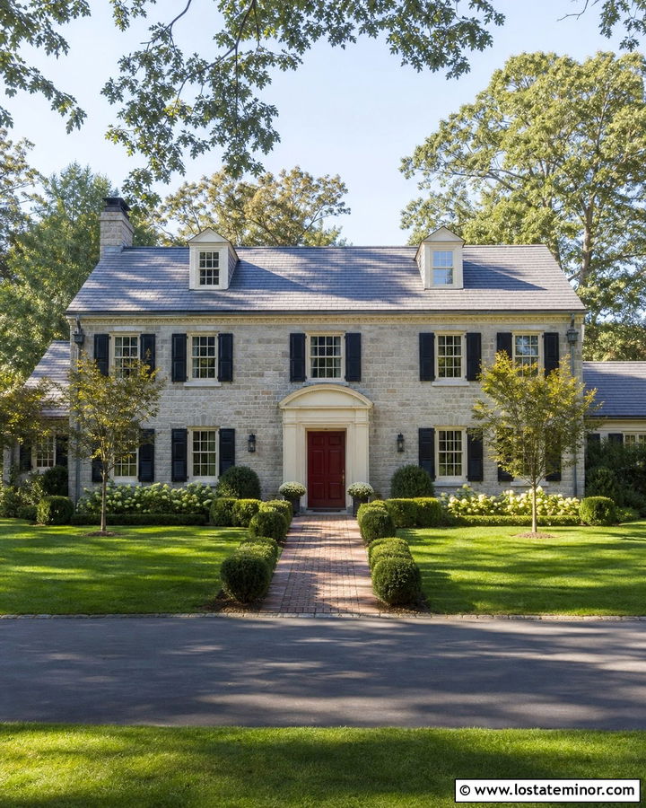 Colonial Stone House With Symmetrical Gables - 30 Stone House Design With Gables Ideas