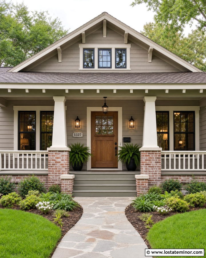 Colonnade Gray House With Black Cage Lights - 30 Greige House Design With Light Fixtures Ideas