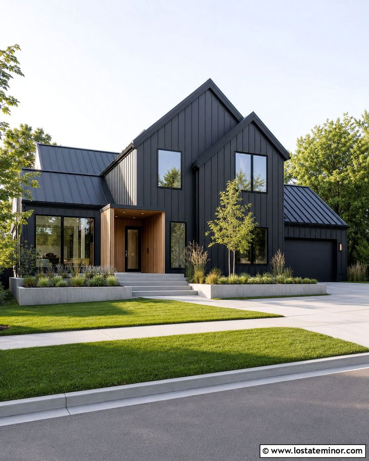 Contemporary Black House With Asymmetrical Gables - 30 Black House Design With Gables Ideas