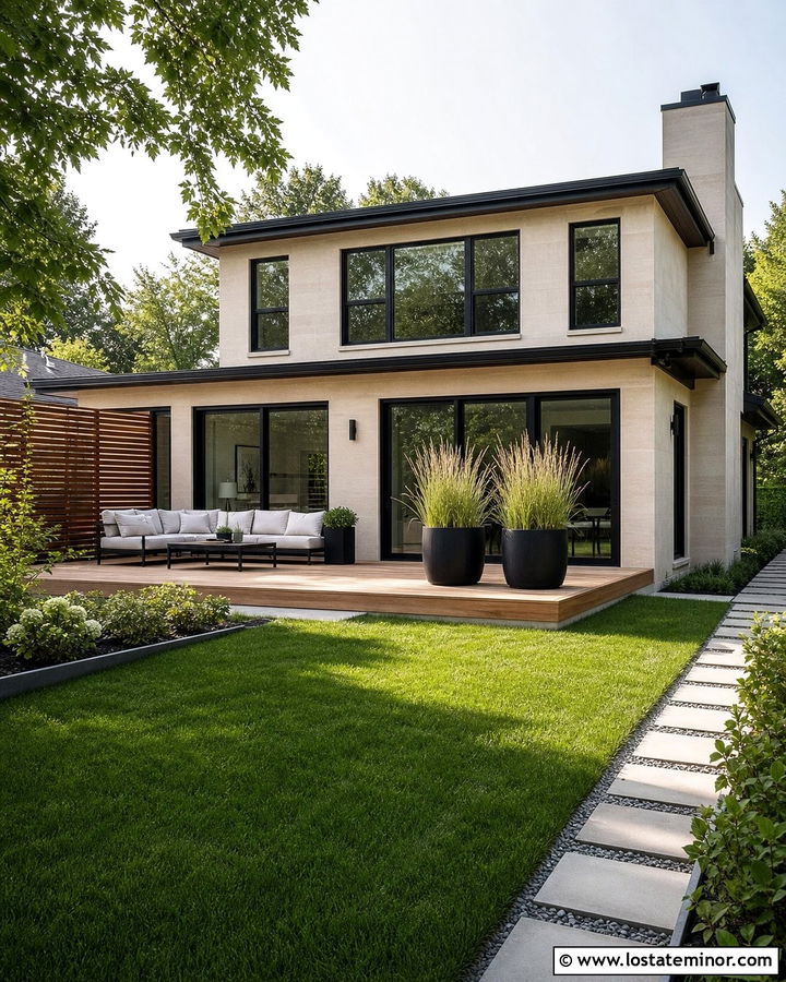 Contemporary Limestone House With Wood Deck - 30 Stone House Design With Backyard Ideas