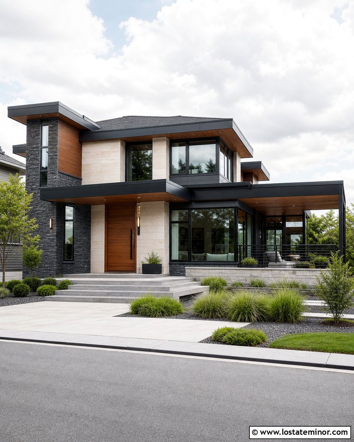 Contemporary Mixed Stone House With Wraparound Awning - 30 Stone House Design With Awning Ideas