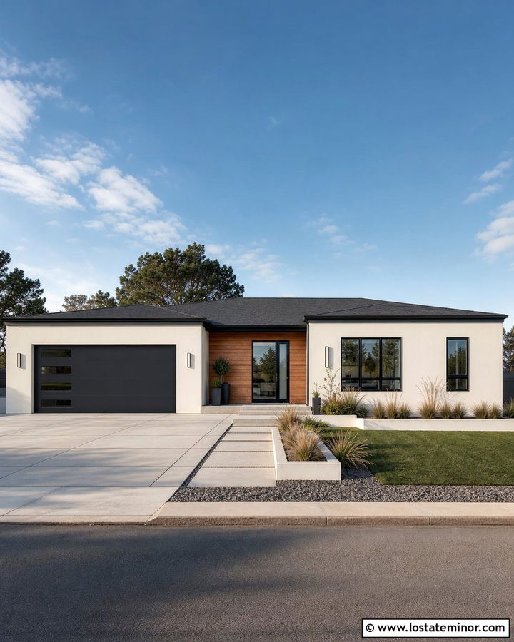 Contemporary Off White House With Garage Door - 30 Off White House Design With Garage Door Ideas