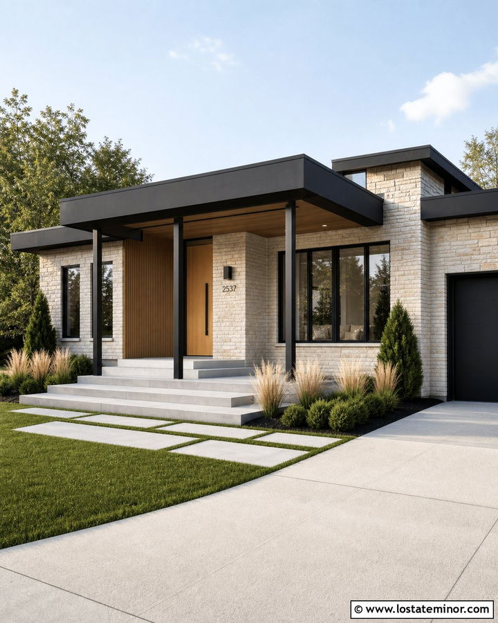 Contemporary Stone House With Black Front Porch - 30 Stone House Design With Front Porch Ideas