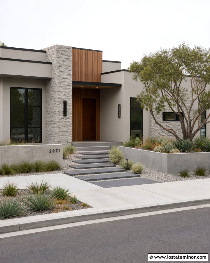 Contemporary Stone House With Floating Paver Walkway - 30 Stone House Design With Walkway Ideas