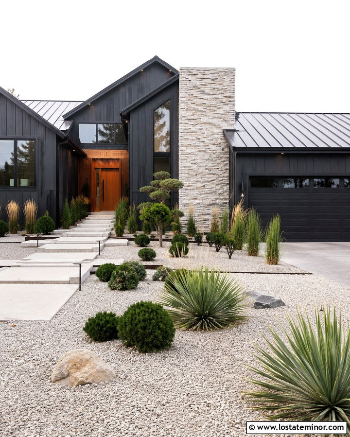 Contemporary Stone House With Gravel Front Yard - 30 Stone House Design With Front Yard Ideas