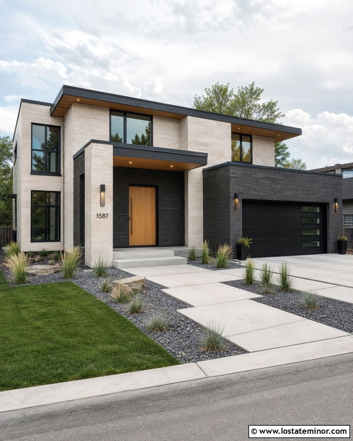 Contemporary Stone House With Linear Brick Accents - 30 Stone House Design With Brick Accents Ideas