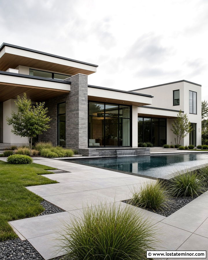Contemporary Stone House With Reflecting Pool - 30 Stone House Design With Swimming Pool Ideas