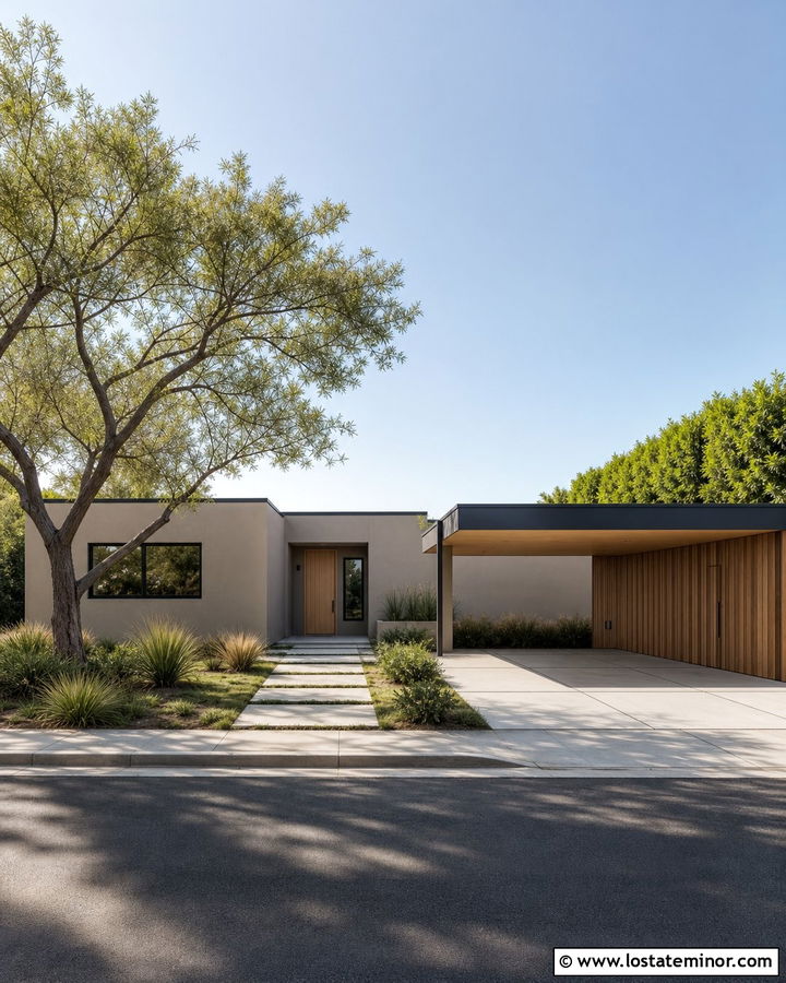Contemporary Taupe Courtyard House With Carport - 30 Taupe House Design With Carport Ideas