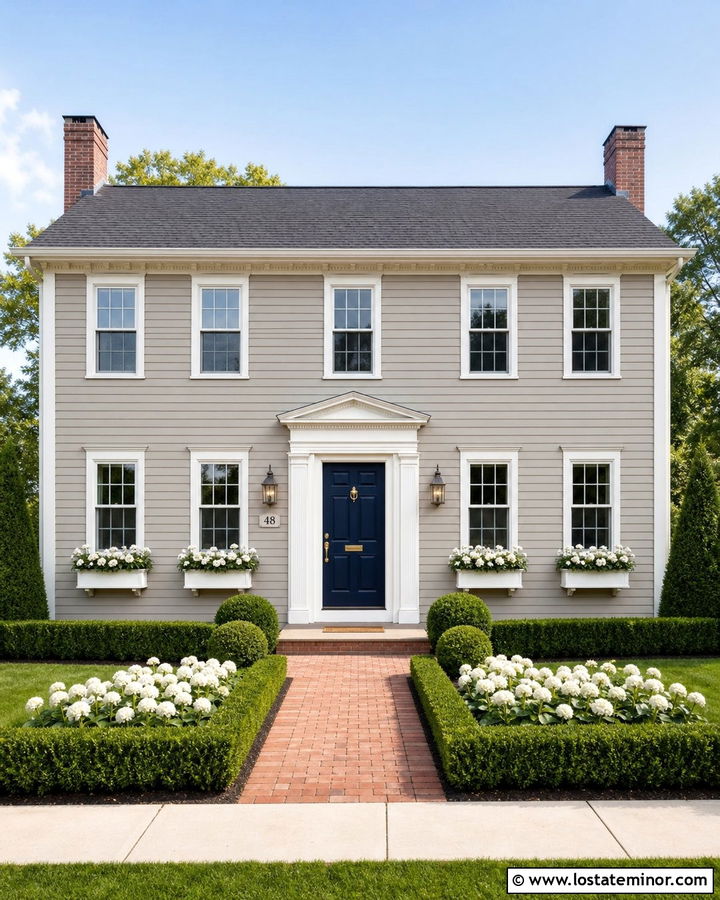 Cool Greige Colonial With White Window Boxes - 30 Greige House Design With Window Boxes Ideas