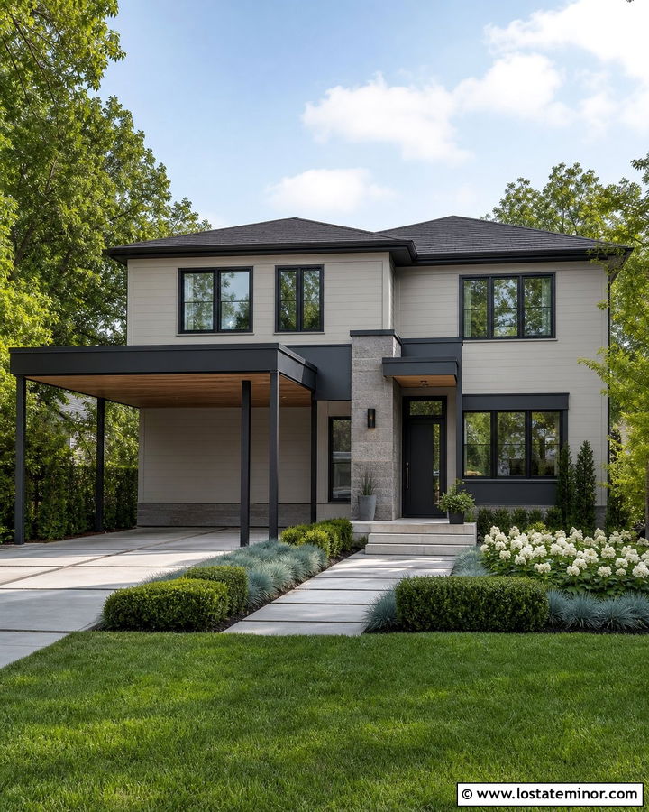 Cool Greige House With Charcoal Carport - 30 Greige House Design With Carport Ideas
