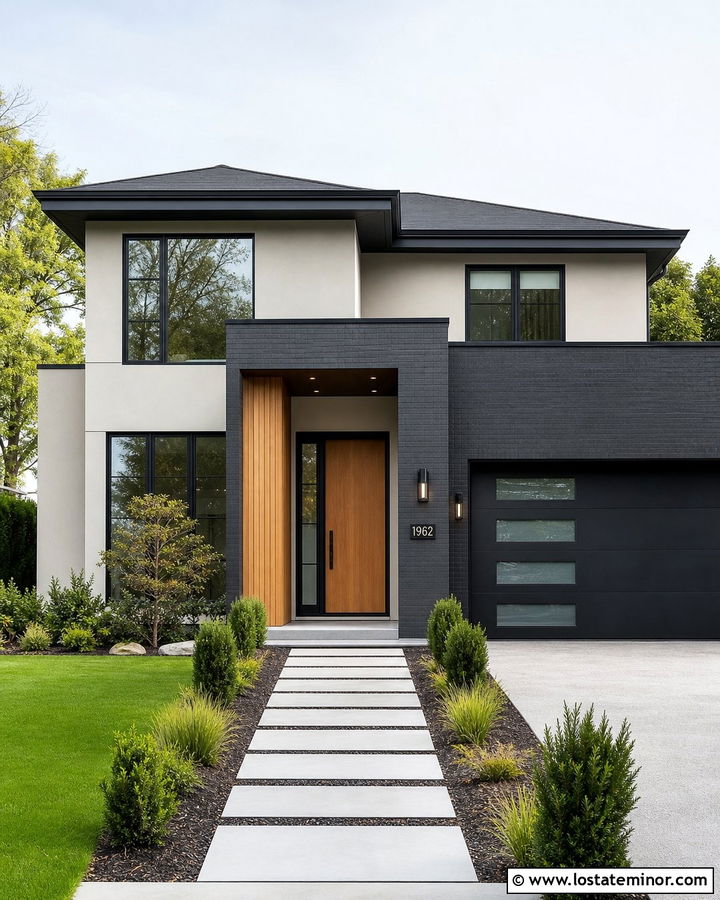 Cool Greige Modern House With Charcoal Brick - 30 Greige House Design With Brick Accents Ideas