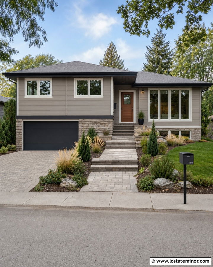 Cool Taupe Split Level House With Charcoal Mailbox - 30 Taupe House Design With Mailbox Ideas