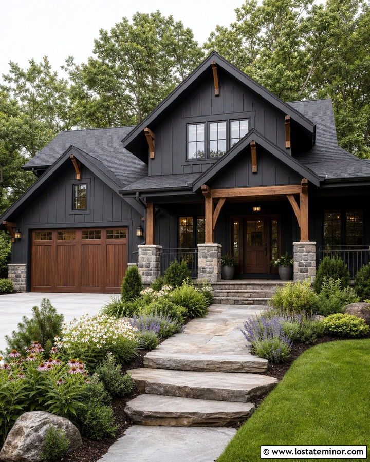 Craftsman Black Gable House With Stone - 30 Black House Design With Gables Ideas
