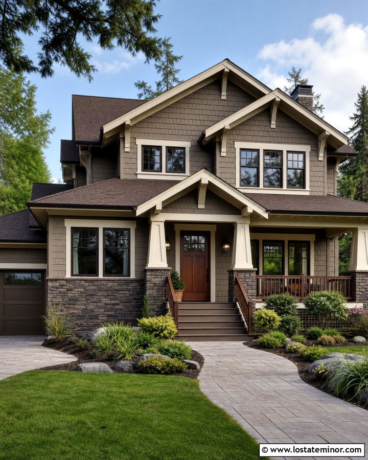 Craftsman House With Stone And Shake Siding - 30 Stone House Design With Shingles Ideas