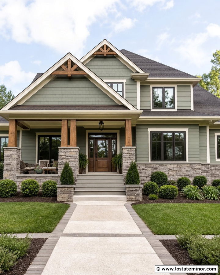 Craftsman House With Stone Entry Columns - 30 Stone House Design With Stone Accents Ideas