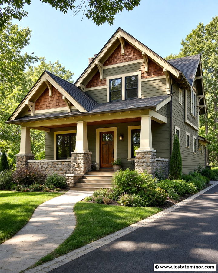 Craftsman Shake Siding And Stone Columns - 30 Stone House Design With Siding Ideas