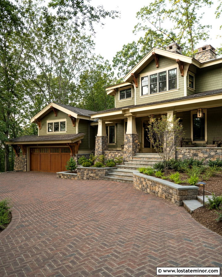 Craftsman Stone House With Brick Driveway - 30 Stone House Design With Driveway Ideas