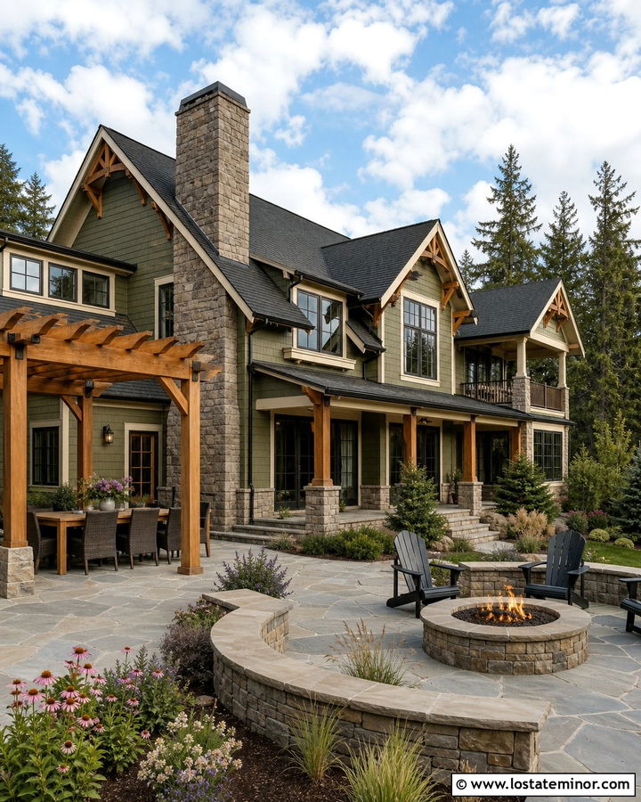 Craftsman Stone House With Fire Pit - 30 Stone House Design With Backyard Ideas
