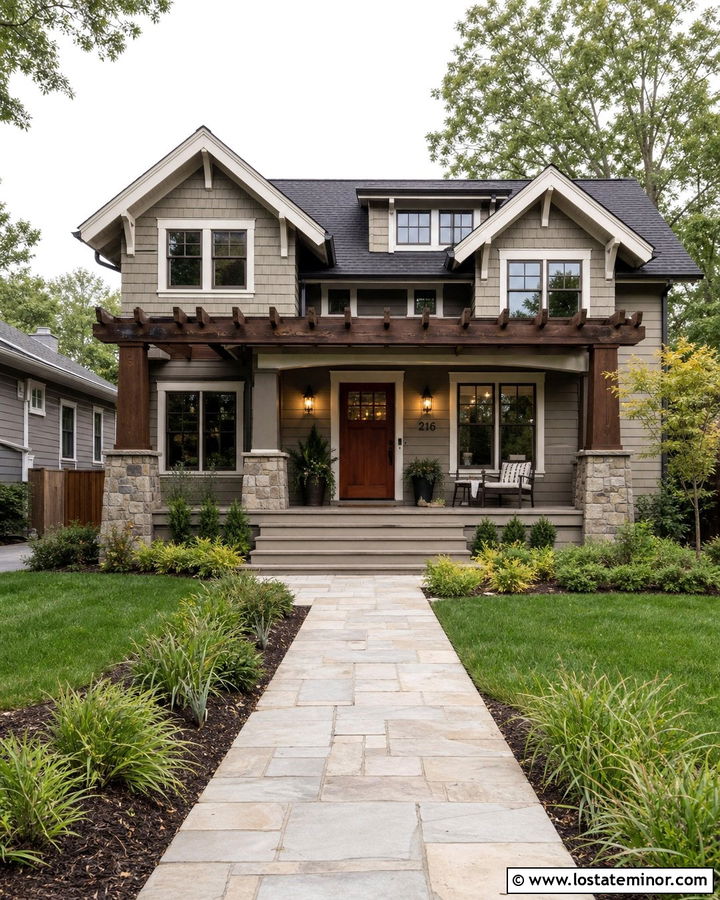 Craftsman Stone House With Front Pergola - 30 Stone House Design With Pergola Ideas