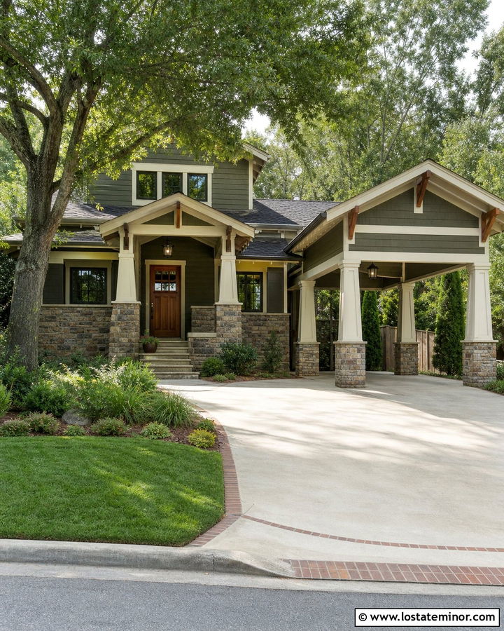 Craftsman Stone House With Gable Carport - 30 Stone House Design With Carport Ideas