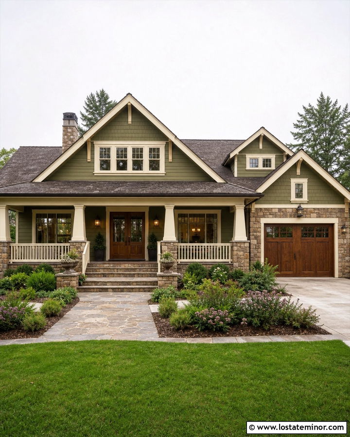 Craftsman Stone House With Olive Trim - 30 Stone House Design With Trim Ideas