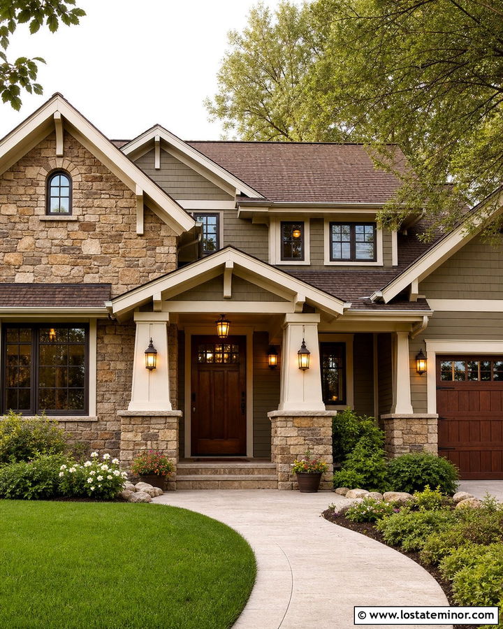 Craftsman Stone House With Porch Lanterns - 30 Stone House Design With Lighting Ideas