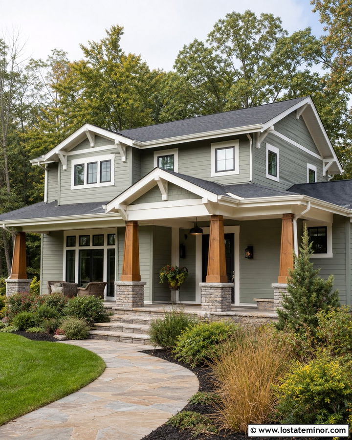Craftsman Stone House With Tapered Porch Columns - 30 Stone House Design With Porch Columns Ideas