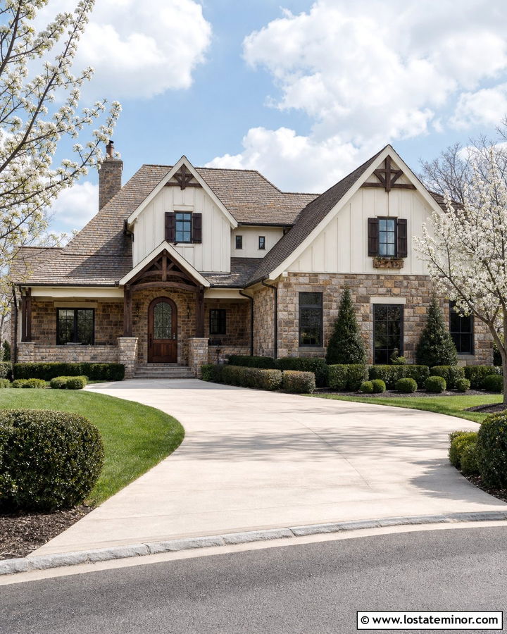 Cream Board and Batten With Brown Stone - 30 Stone House Design With Board and Batten Ideas