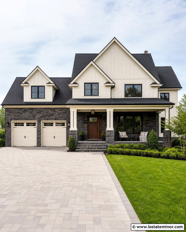 Cream House With Dark Stone Base - 30 Stone House Design With Stone Accents Ideas