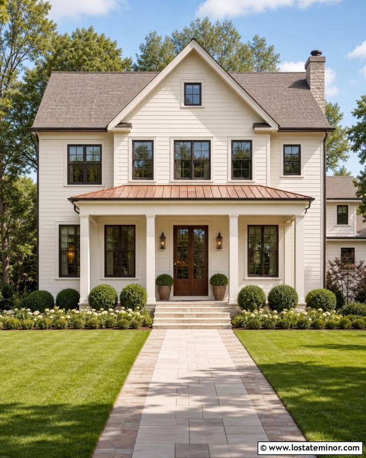 Cream In My Coffee House With Copper Porch Roof - 30 Warm White House Design With Front Porch Ideas