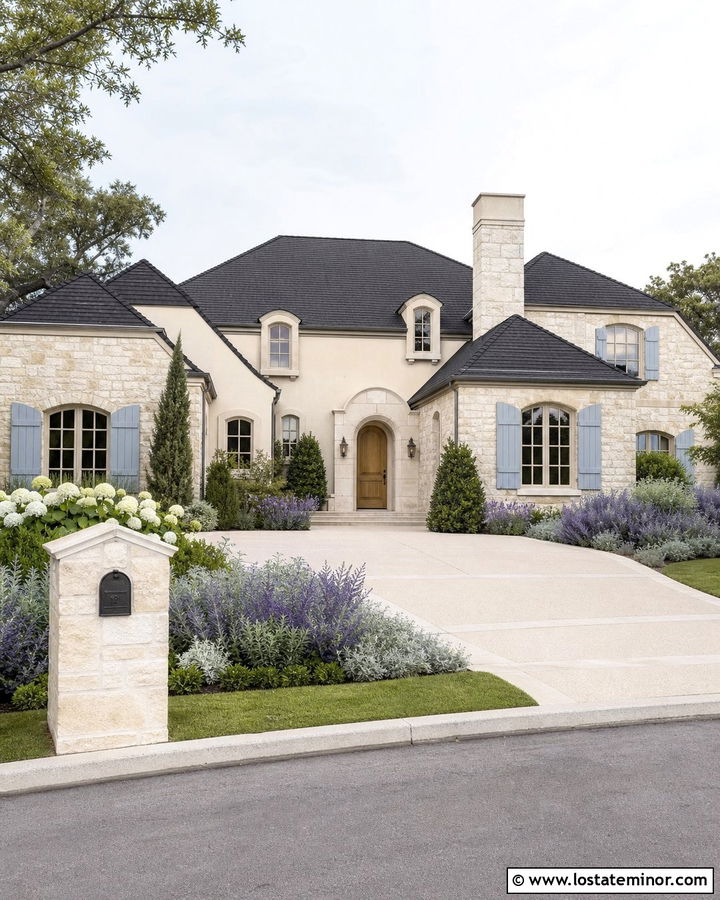 Cream Stone French Country House With Charcoal Mailbox - 30 Stone House Design With Mailbox Ideas