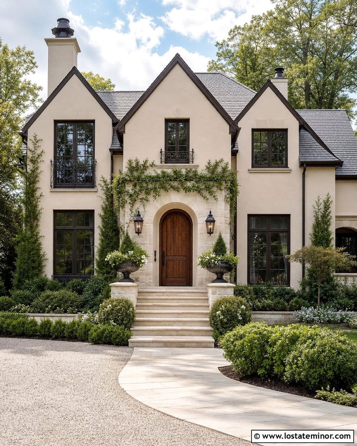 Cream Stone House With Arched Wood Front Door - 30 Stone House Design With Front Door Ideas