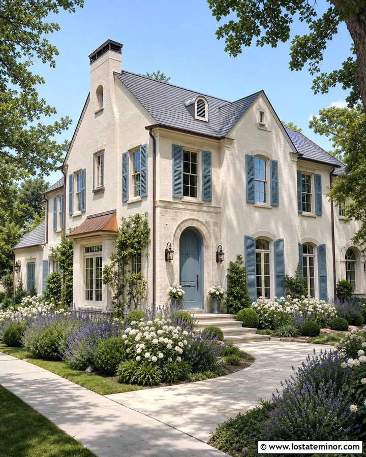 Cream Stone House With French Blue Shutters - 30 Stone House Design With Shutters Ideas