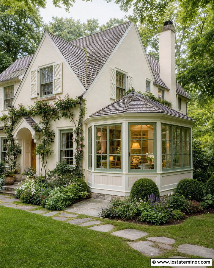 Cream Tan Cottage With Garden Sunroom - 30 Tan House Design With Sunroom Ideas