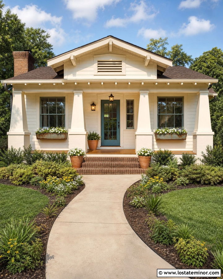 Creamy Bungalow With Copper Window Boxes - 30 Warm White House Design With Window Boxes Ideas