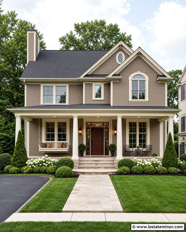 Dark Beige House With Cream Porch Swing - 30 Beige House Design With Swing Ideas