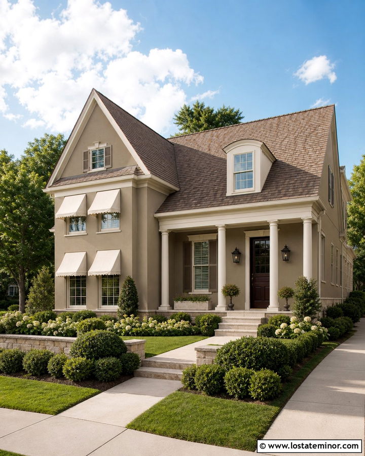Dark Beige House With Ivory Awnings - 30 Beige House Design With Awning Ideas