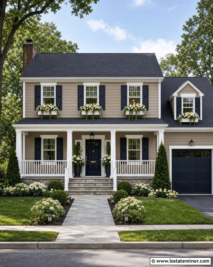 Dark Beige House With White Window Boxes - 30 Beige House Design With Window Boxes Ideas