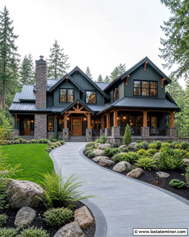 Dark Green Board and Batten With Gray Stone - 30 Stone House Design With Board and Batten Ideas