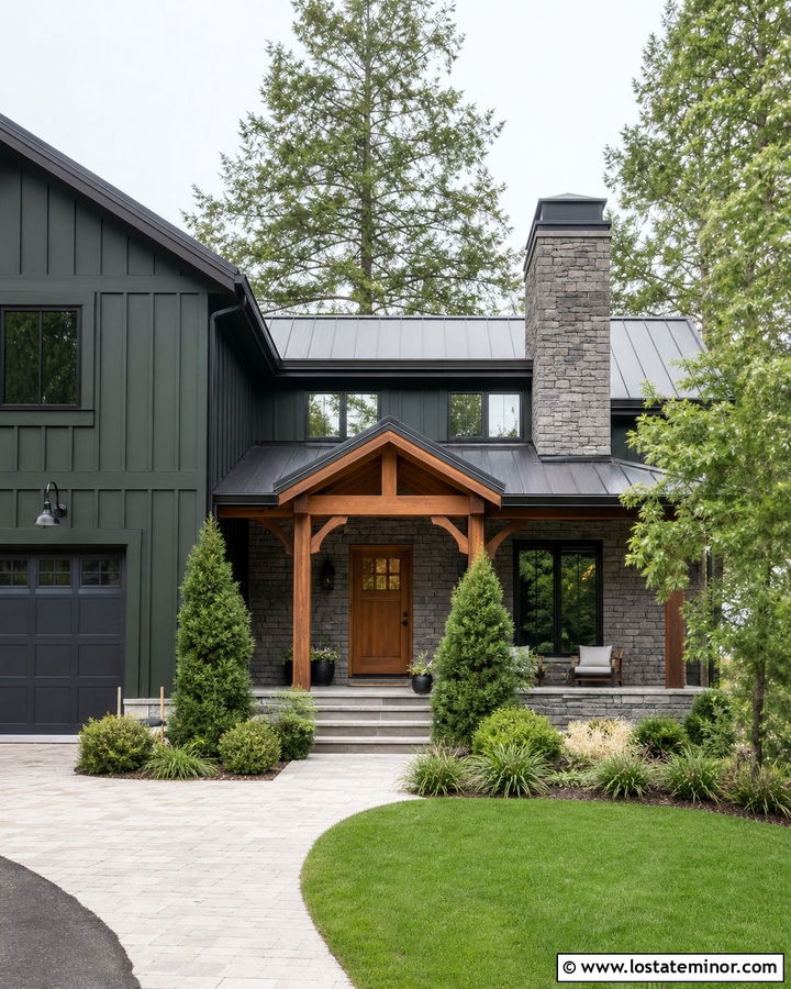 Dark Green House With Gray Stone Accents - 30 Stone House Design With Stone Accents Ideas