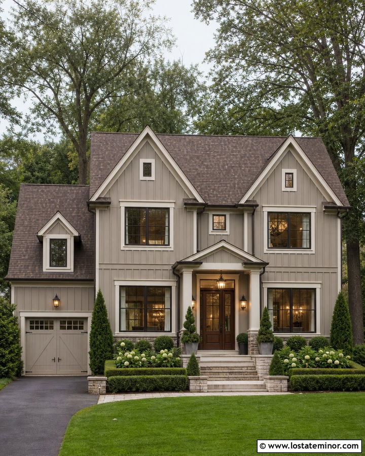 Dark Greige Board And Batten With Cream Trim - 30 Greige House Design With Board and Batten Ideas