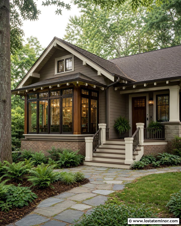 Dark Greige Bungalow With Wood Sunroom - 30 Greige House Design With Sunroom Ideas