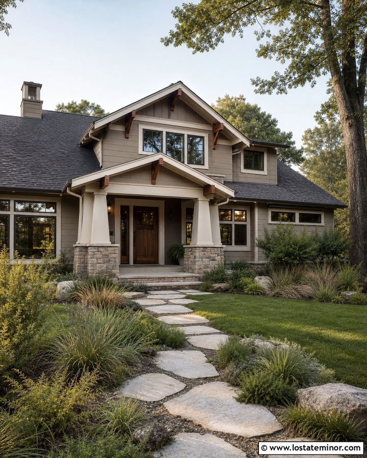 Dark Greige Craftsman House With Stone Portico - 30 Greige House Design With Portico Ideas