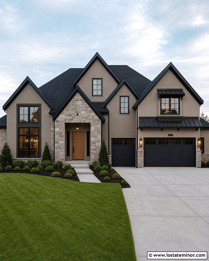 Dark Greige Gable House With Black Trim - 30 Greige House Design With Gables Ideas