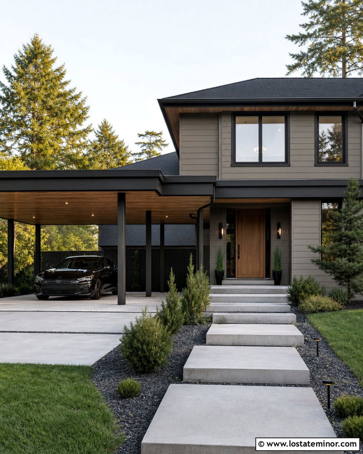 Dark Greige House With Black Carport - 30 Greige House Design With Carport Ideas