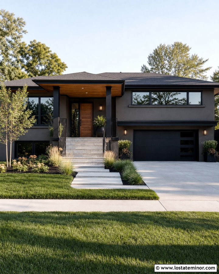 Dark Greige House With Black Front Porch - 30 Greige House Design With Front Porch Ideas