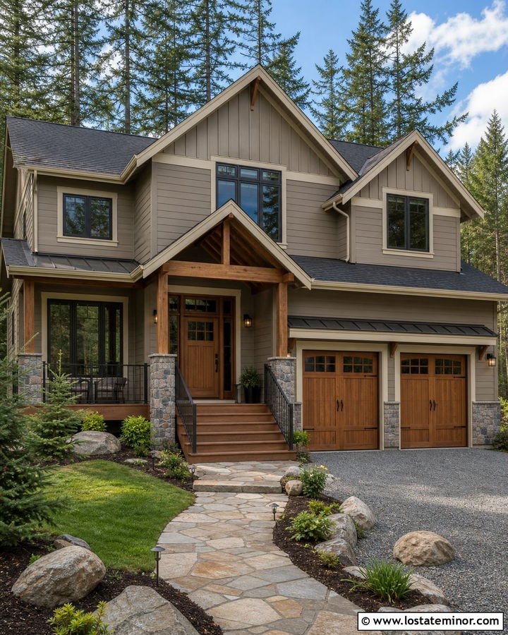 Dark Greige House With Bronze Railings - 30 Greige House Design With Railings Ideas